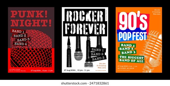 Live Music poster, live performance flyer, grunge rock and pop genre, print and social media, vector design set texture background, set of 3