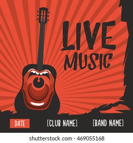Live music poster with a screaming guitar. Vintage illustration