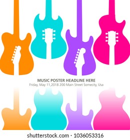 Live music poster template for concert. Banner with guitars.  For print or web. In bright colors