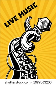 Live music. Rap show. Octopus tentacles with microphone. Musical poster background for hip-hop party. Tattoo style vector illustration.