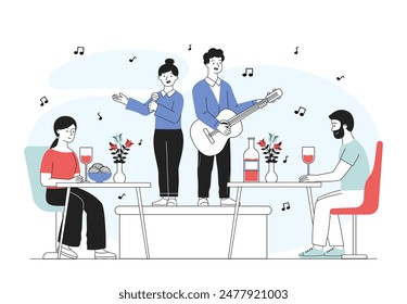 Live music in restaurant. Man with guitar and female vocalist perform in front of customers in pub or cafe. Cultural recreation and leisure. Band at scene. Linear flat vector illustration