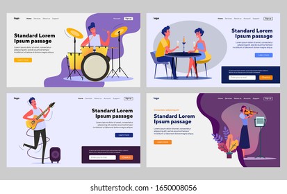 Live music set. Musicians playing guitar, violin, drum, dating couple. Flat vector illustrations. Restaurant, concert, entertainment concept for banner, website design or landing web page