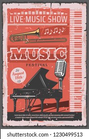 Afiche retro del programa de música en directo, festival musical de jazz o concierto de orquesta. Diseño vectorial de piano con micrófono trombone o cantante y estampado de notas