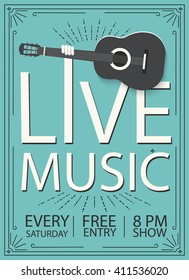 Live Music Show Vintage Poster Design With Acoustic Guitar, Vector Illustration. Musical Show Flyer Template.