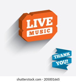 Live music sign icon. Karaoke symbol. White icon on orange 3D piece of wall. Carved in stone with long flat shadow. Vector