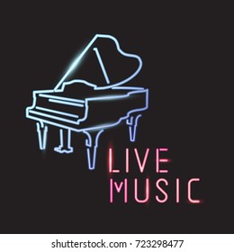 Live music sign with piano icon, neon design. Vector illustration