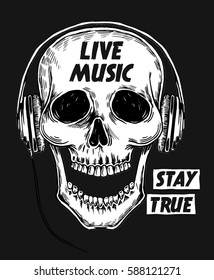 Live music slogan with skull illustration  for t-shirt and other uses.