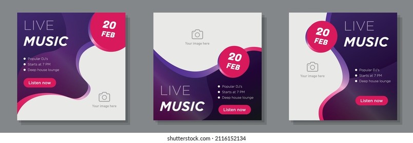 Live Music Social Media Post, Banner Set, Online Concert Advertisement Concept, Music Industry Marketing Square Ad, Abstract Print, Isolated On Background.