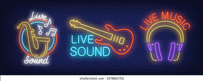 Live music, sound neon sign set. Icons of saxophone, guitar and headphones. Night bright advertisements. Vector illustrations in neon style for bar, club, concert