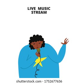 Live music stream sign. African woman singing with microphone. Afro female singer. Musical concert promotion.  Copy space. Isolated on white. Fun flat style drawing. Trendy stock vector illustration.