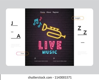 Live Music Trumpet Instrument Neon Light Glowing Vector Illustration Landing Page Music Note Elements Bright