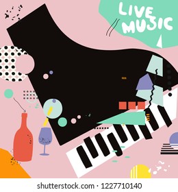 Live music and wine background flat vector illustration. Party flyer, music club, wine tasting event, wine festival and celebrations poster for brochure, invitation card, promotion banner, menu