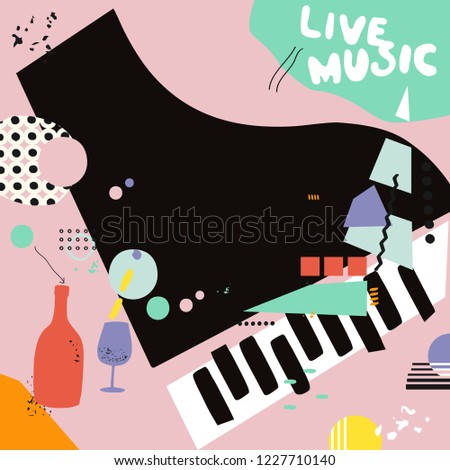 Live music and wine background flat vector illustration. Party flyer, music club, wine tasting event, wine festival and celebrations poster for brochure, invitation card, promotion banner, menu