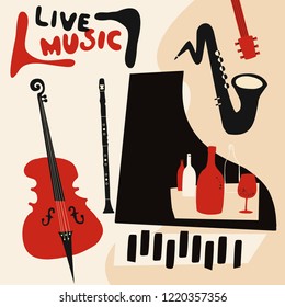 Live music and wine colorful background flat vector illustration. Party flyer, jazz music club, wine tasting event, wine festival, celebrations poster for brochure, invitation card, promotion banner