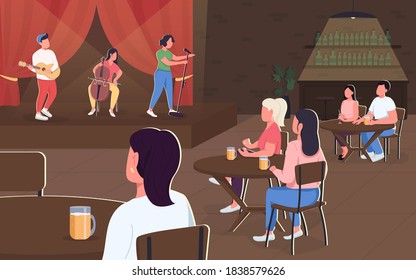 Live Musical Concert Flat Color Vector Illustration. Music Band Performs In Cafe. Jazz Show In Pub. Nightlife In Restaurant. Entertainers 2D Cartoon Characters With Interior On Background