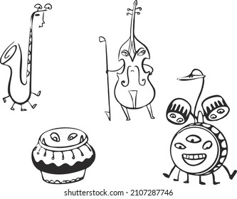  Live musical instruments. Drawing musical instruments with faces.