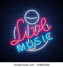 Live musical neon sign, logo, emblem, symbol poster with microphone. Vector illustration. Neon bright sign, Nightlife club advertising, karaoke and other institutions with music.