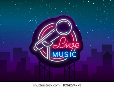 Live musical vector neon logo, sign, emblem, symbol poster with microphone. Bright banner poster, neon bright sign, nightlife club advertising, karaoke, bar and other institutions. Billboard Live musical vector neon logo, sign, emblem, symbol poster with microphone. Bright banner poster, neon bright sign, nightlife club advertising, karaoke, bar and other institutions. Billboard