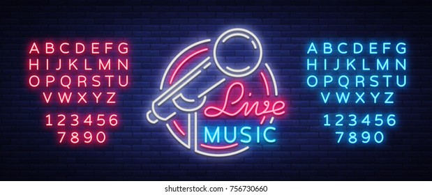 Live musical vector neon logo, sign, emblem, symbol poster with microphone. Bright banner poster, neon bright sign, nightlife club advertising, karaoke, bar. Editing text neon sign.
