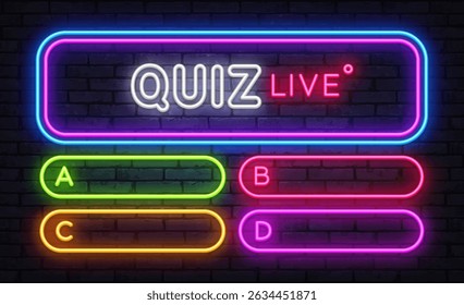 Live neon quiz frame with glowing buttons for A B C D answers on dark brick wall