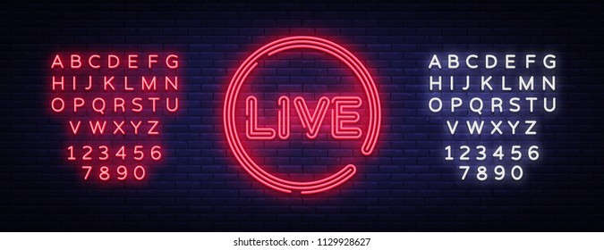 Live neon sign vector. Live Stream design template neon sign, light banner, neon signboard, nightly bright advertising, light inscription. Vector illustration. Editing text neon sign