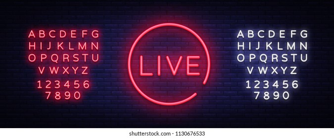 Live neon sign vector. Live Stream design template neon sign, light banner, neon signboard, nightly bright advertising, light inscription. Vector illustration. Editing text neon sign