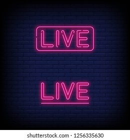 live neon sign vector. live stream design template neon sign, light banner, neon sign board. brick wall background. vector illustration