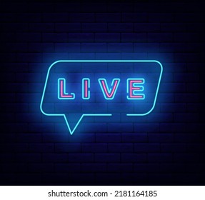Live neon signboard. Blue speech bubble. On air emblem. Streming and podcast badge. Nightlife promotion template. Glowing effect banner. Editable stroke. Vector stock illustration