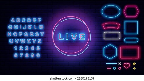 Live neon signboard. On air label. Radio podcast badge. Frames collection. Shiny blue alphabet. Nightlife promotion template. Glowing effect banner. Editable stroke. Vector stock illustration