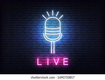 Live neon template. Template with glowing live text and microphone