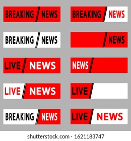 Live news and breaking news banner interface, news label strip or icon, live stream inscription. Set of live and breaking news icon. Red and white set of media labels on grey background. Vector