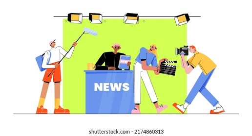 Live news in broadcasting production studio. Mass media television with male presenter character, cameraman, shooting crew, Live newscast, real time broadcasting, Line art flat vector illustration