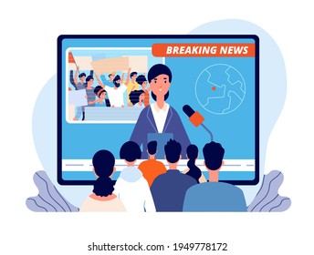 Live news. Cartoon tv broadcast, sport fans or journalist interview. Television media studio, breaking reporting about protest utter vector concept