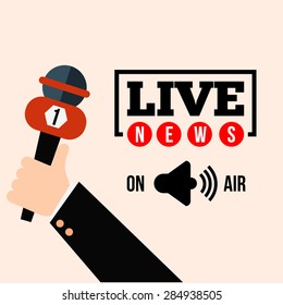 Live news concept vector. Set of hands holding microphones and digital voice recorders. Live report template. Press illustration.