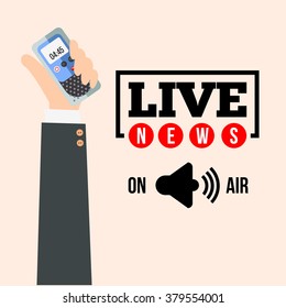 Live news concept vector. Set of hands holding microphones and digital voice recorders. Live report template. Press illustration.