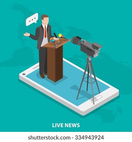 Concepto vectorial isométrico de noticias en vivo. Un orador cerca del podio con micrófonos y cámara en un smartphone.