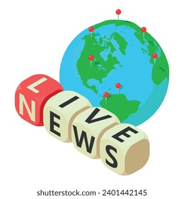 Live news icon isometric vector. Live news inscription on planet background icon. Screen saver, media, television