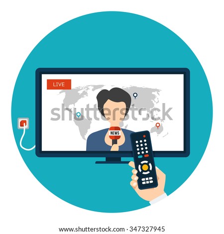 Live news on TV with female newsreader. Hand holding remote control and watching breaking news on TV. Flat icon in circle isolated on white background. Vector icon
