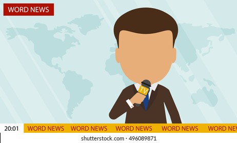 Live news presenter. Latest news. On air. Silhouette of anchorman with microphone. Professional journalist. Breaking news.