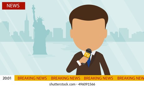 Live news presenter. Latest news. On air. Silhouette of anchorman with microphone. Professional journalist. Breaking news.