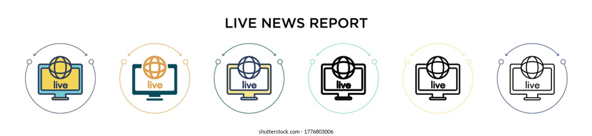 Live news report icon in filled, thin line, outline and stroke style. Vector illustration of two colored and black live news report vector icons designs can be used for mobile, ui, web