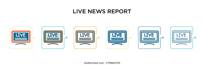 Live news report vector icon in 6 different modern styles. Black, two colored live news report icons designed in filled, outline, line and stroke style. Vector illustration can be used for web, 