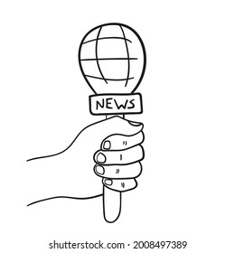 Live news template with microphone in doodle style. Hand drawn symbol breaking news on TV radio. Journalist holding mic.