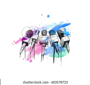 Live news template with microphone. Journalism concept, Hand Drawn Sketch Vector illustration.