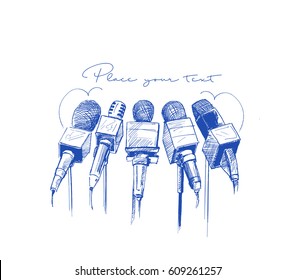 Live news template with microphone. Journalism concept, Hand Drawn Sketch Vector illustration.