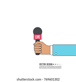 Live news template with microphone. Symbol breaking news on TV radio. Journalist holding mic.