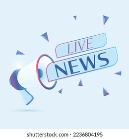 Live news text with 3d realistic megaphone vector illustration. Banner template to announce news about webinar in social media, training course, marketing technology poster