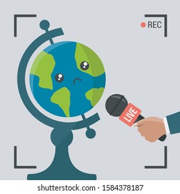 live news TV & camera isolated. flat design Journalist with Microphone cartoon. warning vector. cute & sad globe face. global warming. poor planet & earth day or earth hour. save the world graphic art