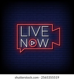 live now neon sign style with brick wall background vector