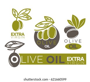 Live olive oil extra virgin flat logotypes on white. Vector